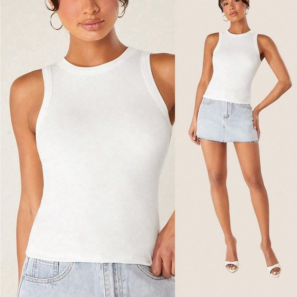minimalist Solid Slim high neck Tank Top white - Picture 1 of 12